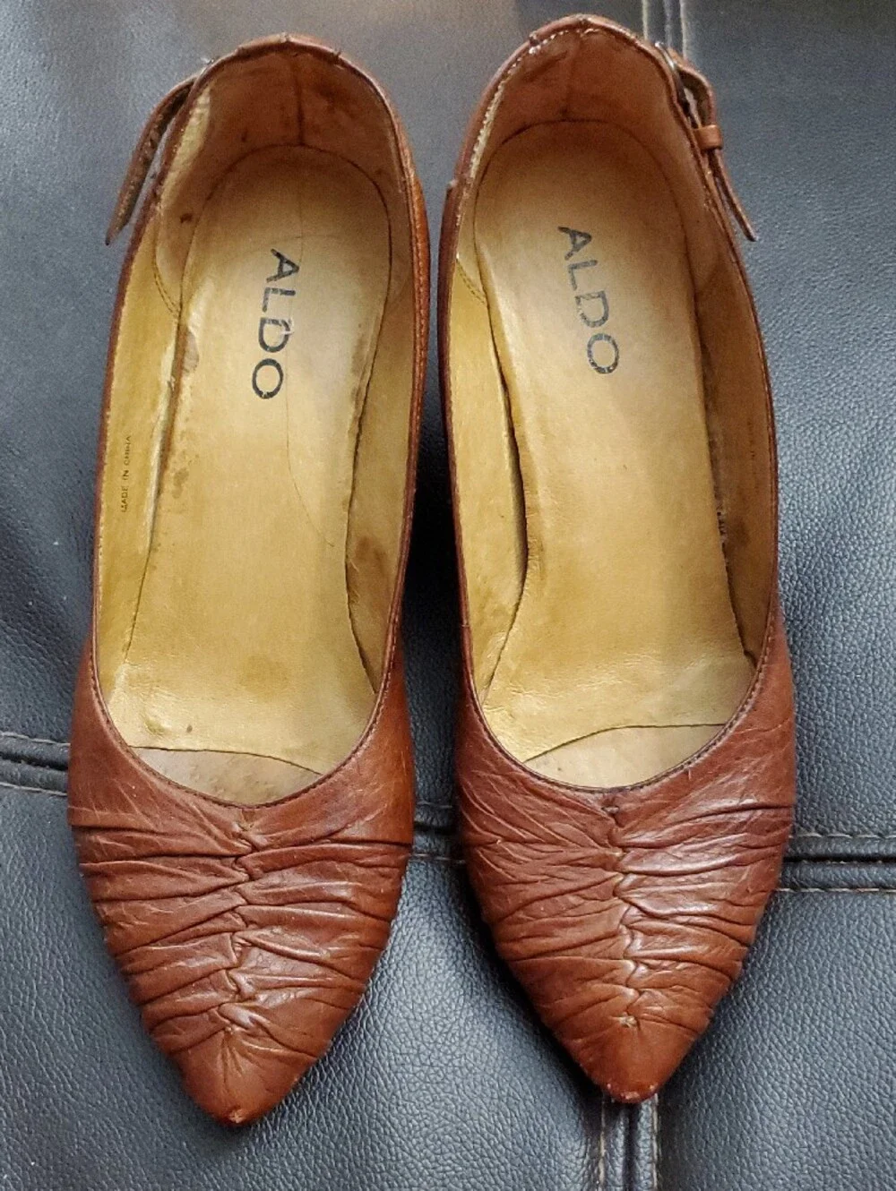 Aldo Tan Leather Pointed Toe Flats with Ruched Detail